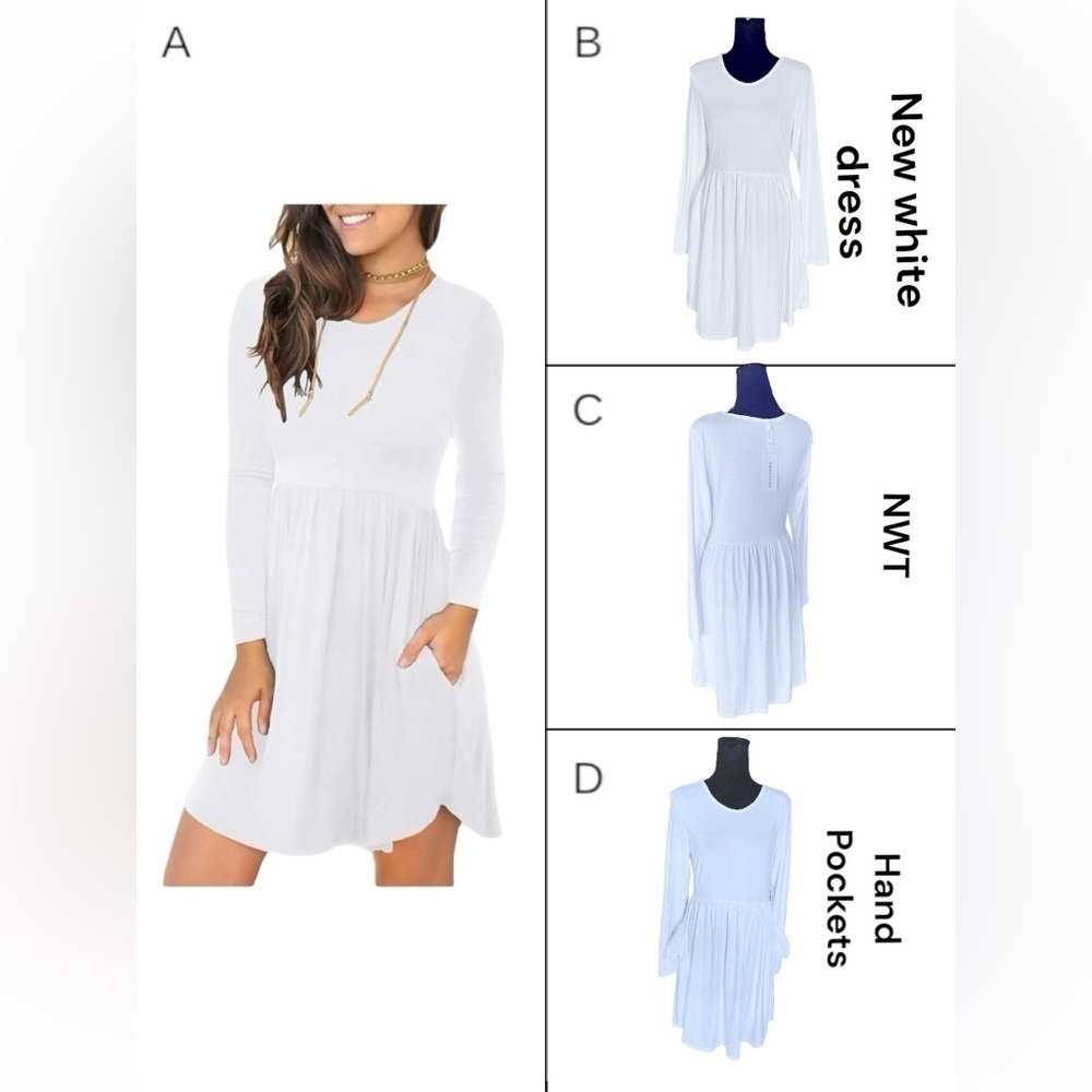 LONGYUAN Knee High White Long Sleeve Dress with pockets - Picture 7 of 14